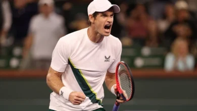 Murray ăn mừng sau khi ghi điểm ở trận đấu tại vòng một Indian Wells